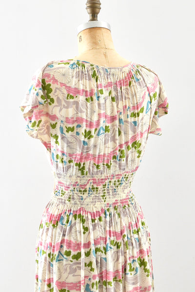 1940s Novelty Print Smocked Dress