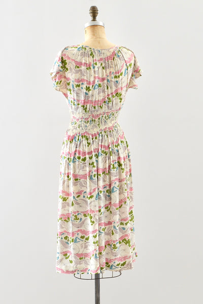 1940s Novelty Print Smocked Dress