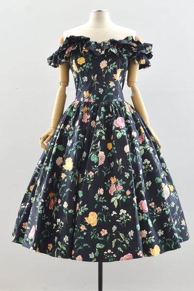 Dark Floral Off Shoulder Dress / M