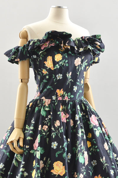 Dark Floral Off Shoulder Dress / M