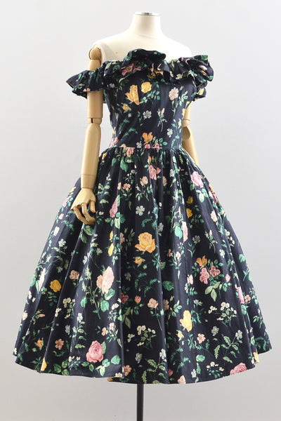 Dark Floral Off Shoulder Dress / M