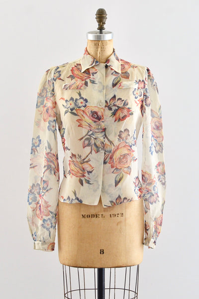 40's Sheer Floral Blouse / S