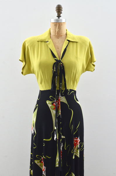 1940's Chartreuse Novelty Rayon Dress / small medium