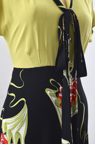 1940's Chartreuse Novelty Rayon Dress / small medium