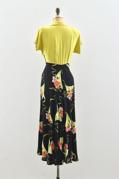 1940's Chartreuse Novelty Rayon Dress / small medium