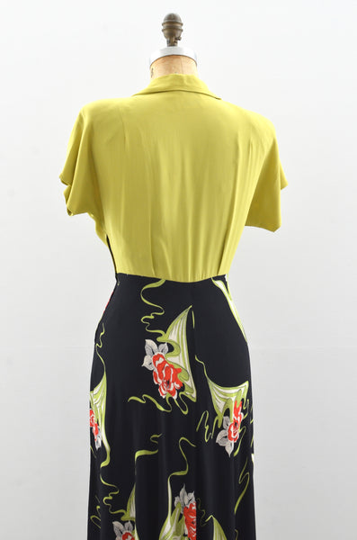 1940's Chartreuse Novelty Rayon Dress / small medium