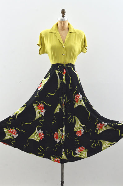 1940's Chartreuse Novelty Rayon Dress / small medium