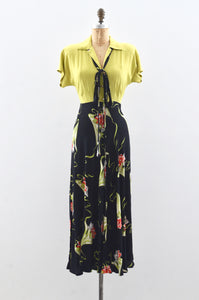 1940's Chartreuse Novelty Rayon Dress / small medium