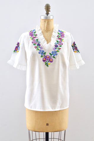 70's Embroidered Blouse / S