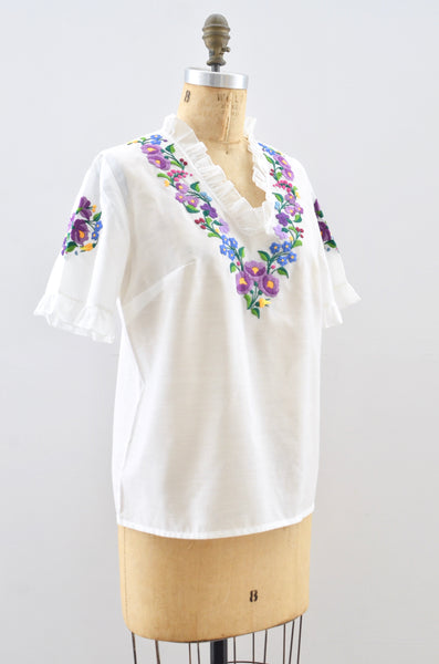 70's Embroidered Blouse / S