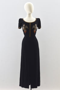 40's Beaded Bird Rayon Dress / small