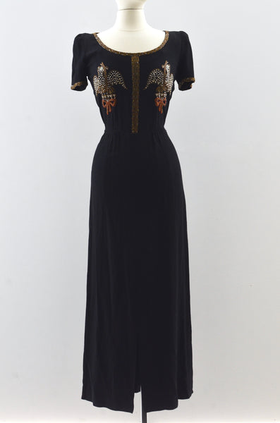 40's Beaded Bird Rayon Dress / small