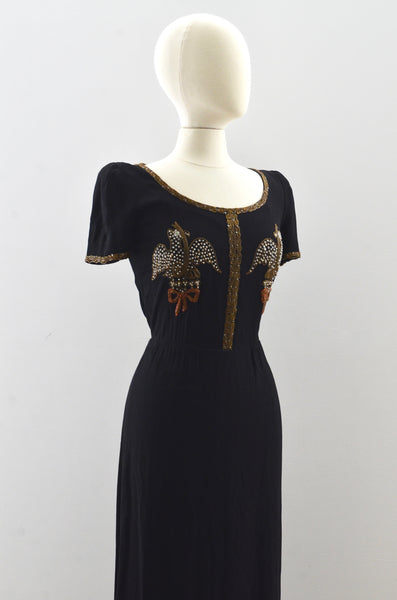 40's Beaded Bird Rayon Dress / small
