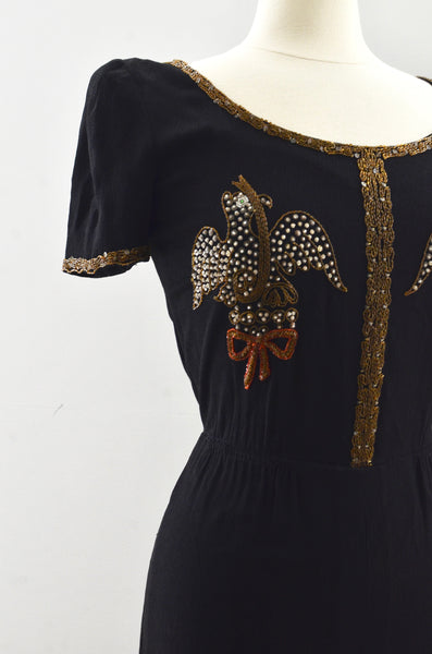 40's Beaded Bird Rayon Dress / small