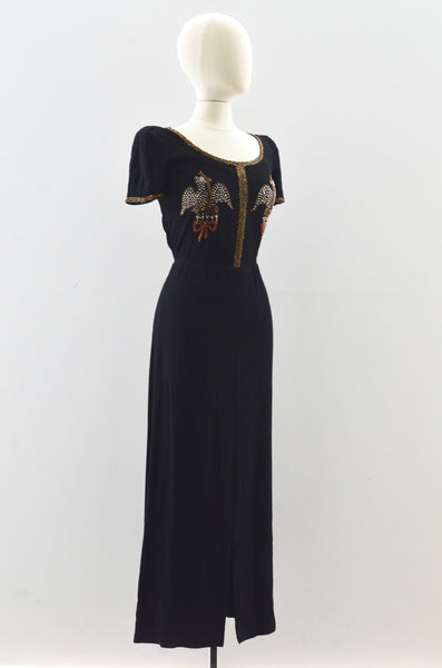 40's Beaded Bird Rayon Dress / small