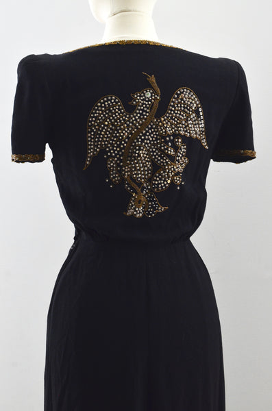 40's Beaded Bird Rayon Dress / small
