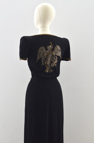 40's Beaded Bird Rayon Dress / small