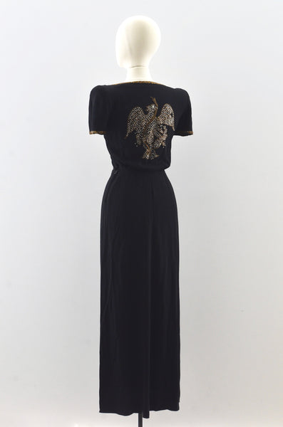 40's Beaded Bird Rayon Dress / small