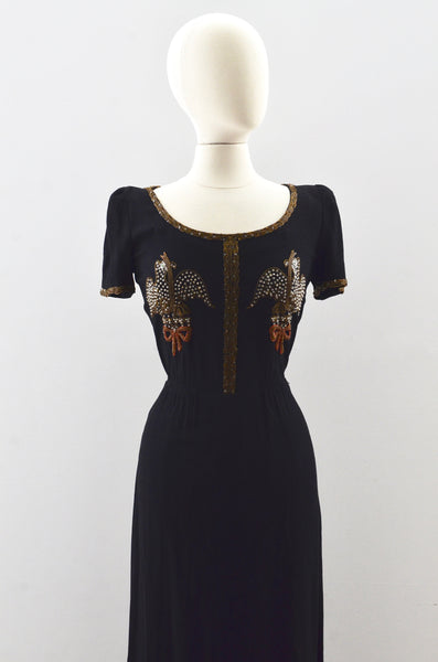 40's Beaded Bird Rayon Dress / small