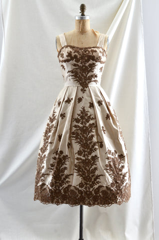 Vintage 1950's Ceil Chapman Satin Lace Applique Party Dress
